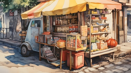 Vendors Goods on the Street Watercolor Style