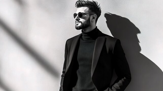 Modern Man in Black and White: A stylish young man in a black turtleneck and blazer stands against a white wall, casting a long shadow, creating a dramatic and minimalist portrait in monochrome. 