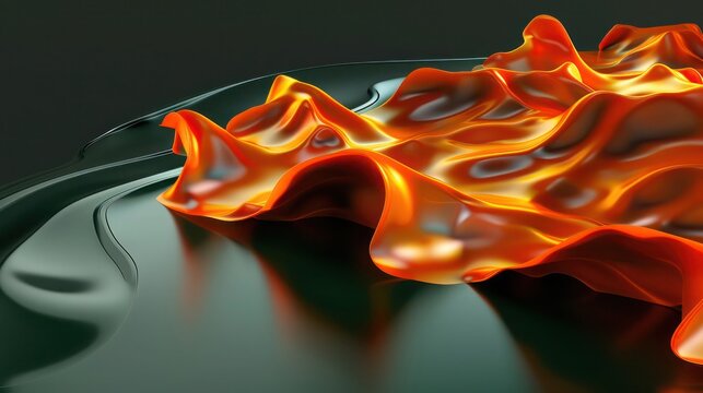  A 3D abstract design showcasing vibrant orange biomorphic forms, flowing and merging like molten lava on a sleek, dark green surface