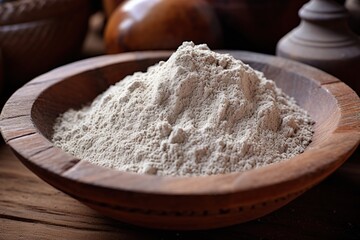 Wheat flour in a wooden bowl on a wooden table, close up