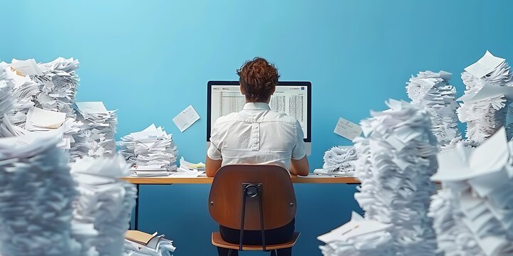 An office worker with his back to the camera, sitting at his desk surrounded by messy papers, in front of a computer screen, with blue-painted walls, conveying the atmosphere of a busy workspace 
