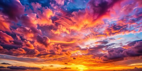 Obraz premium Vibrant sunset sky with fluffy clouds in shades of pink, purple, and orange, sunset, clouds, sky, colorful, vibrant, dramatic