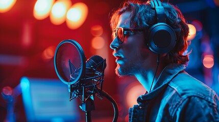 Podcaster in action, recording in a professional studio, high-end microphone, pop filter, headphones, soundproof walls, vibrant studio lighting, capturing the dynamic and engaging environment,