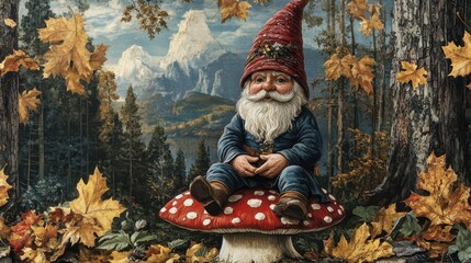 Gnome sitting on a mushroom in a mystical fall forest, with golden leaves swirling around.