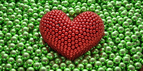 Heart design made of shiny red spheres on a background of green spheres, love, Valentine's Day, abstract, romantic, romance