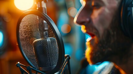 Podcaster recording a podcast, high-quality microphone with a pop filter, professional studio environment, acoustic foam panels, natural and studio lighting, capturing the focus and intensity,
