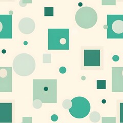 Abstract geometric pattern featuring teal squares and circles on a light background.