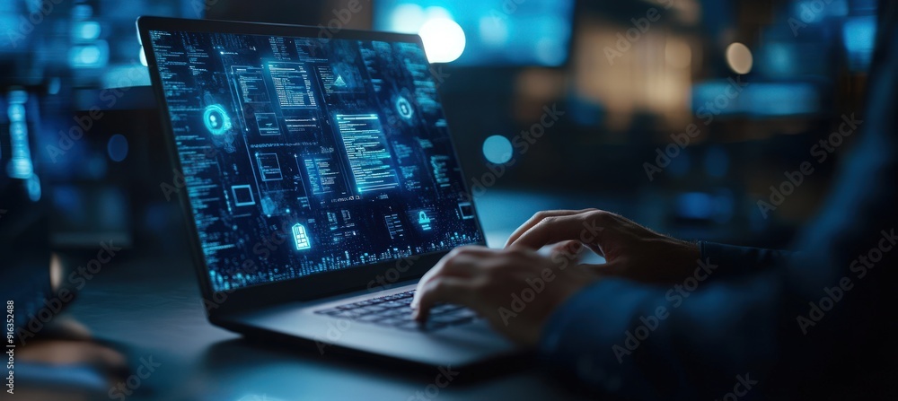 Poster cybersecurity expert working on a laptop with digital interface