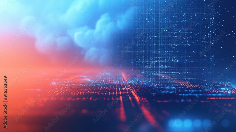 Poster cyberpunk cityscape: a futuristic metropolis pulses with data streams, illuminated by the glow of ne