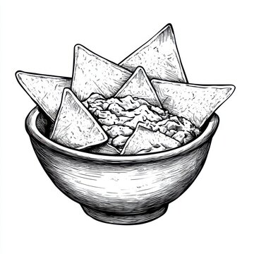 recommend clip art: Black and white Vintage engraved art of a bowl of guacamole with tortilla chips, isolated on white background, ink sketch illustration, simple vector art design, highly detailed line art