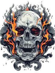 Skull and Flames traditional tattoo illustration