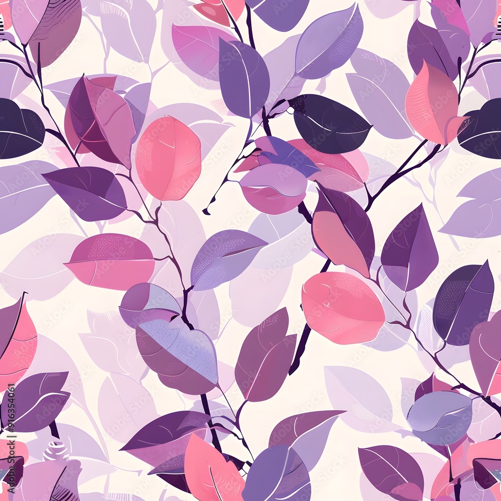 Wall mural Illustration of vibrant purple and pink leaves on a light background.