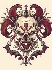 Skull and Grimacing Jester traditional tattoo illustration