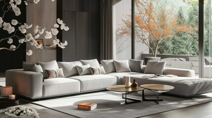 Modern Living Room with Sectional Sofa, Coffee Tables, and Natural Light