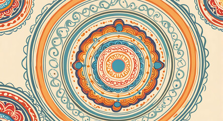 Fototapeta premium Retro Mandala with Bold Colors and Distinctive 70s Patterns on a Cream Background, Featuring Ample Copy Space for Text or Branding
