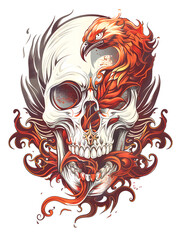 Skull and Phoenix traditional tattoo illustration