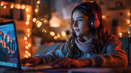 Obraz premium Remote podcasting session, podcaster speaking into a high-quality headset, laptop open with video conferencing software, cozy home office setup, warm lighting, detailed and lifelike,