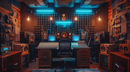 Fototapeta na wymiar Wide shot of a modern podcast studio setup, multiple high-quality microphones and mixers on a sleek desk, soundproof walls, warm studio lighting, capturing the detailed and professional environment,