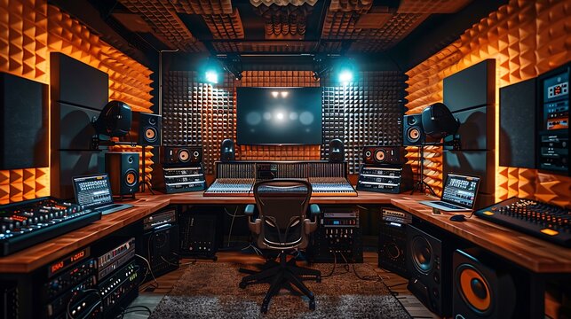 Wide shot of a modern podcast studio setup, multiple high-quality microphones and mixers on a sleek desk, soundproof walls, warm studio lighting, capturing the detailed and professional environment,