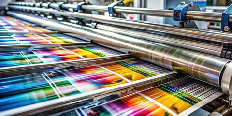 Close up vibrant print of magazine brochure poster being produced by printing machine , close up, magazine, brochure, poster
