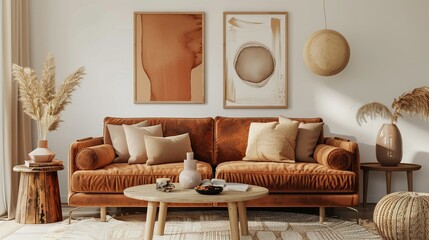 Modern living room with brown velvet sofa and wooden accents