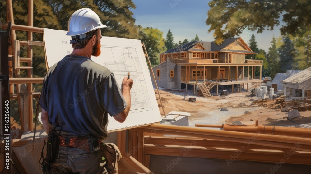 Poster a scene of a construction worker reviewing blueprints on-site with a partially completed house visib