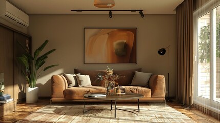 Modern Living Room with Brown Leather Sofa, Coffee Table, and Abstract Art