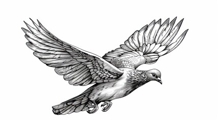 Fototapeta premium Black and white Vintage engraved art of a dove in flight, isolated on white background, ink sketch illustration, simple vector art design, highly detailed line art, high contrasty