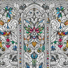 stained glass windows with intricate lines and colors coloring page vector