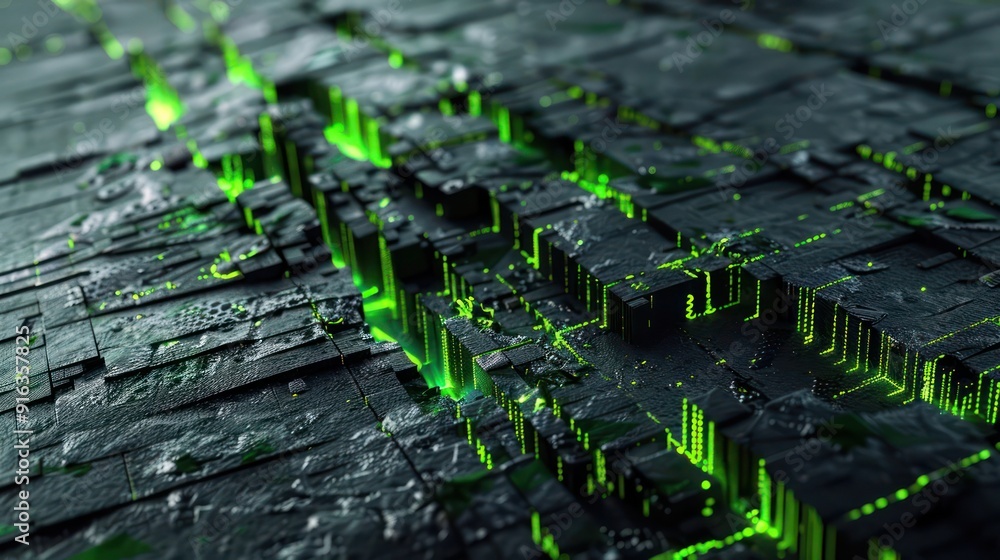 Poster a dynamic 3d abstract design with vibrant green glitch distortions, showcasing erratic lines and pix