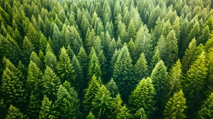 Aerial view of vibrant green pine trees, offering a serene forest scene on a clear backdrop