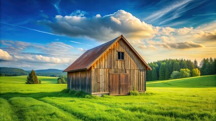 Obraz premium Rustic small wooden barn house in a green meadow, cottage, countryside, traditional, rustic, farm, rural, small, wooden