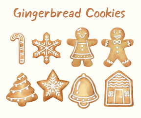 Vector element designer collection chrismas set of isolated gingerbread cookies, mistletoe are hand-painted in watercolor style.