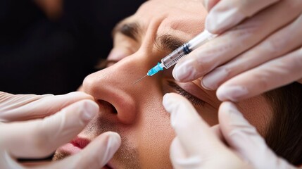 A man is getting ready to get Botox for crow's feet or laugh lines wrinkles by a aesthetic doctor in a clinic. 