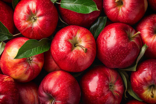  Ripe red apples piled in a background of tasty and juicy fruits