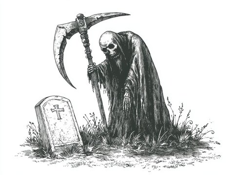 recommend clip art: Black and white Vintage engraved art of a grim reaper's scythe leaning against a tombstone, isolated on white background, ink sketch illustration, simple vector art design, highly detailed line art