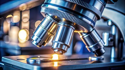 Close-up shot of a microscope with metal lens at laboratory, microscope, close-up, metal, lens, laboratory