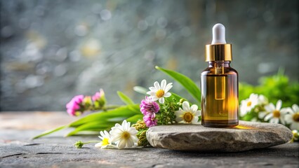 Organic serum oil bottle on stone with flowers, minimalist beauty care therapy concept, aesthetic, minimalist, beauty care
