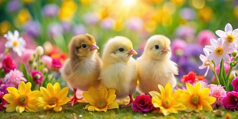 Playful Easter chicks surrounded by colorful blooming flowers in a garden , Easter, chicks, garden, flowers, colorful