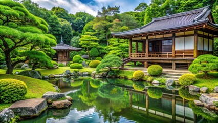 Fototapeta premium Tranquil Japanese garden with lush greenery and traditional architecture, historic, Japan, green space, serene