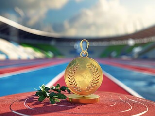 Triumph and Glory: A Gold Medal on Podium Celebrates Victory in an Olympic-Themed Sports Day, Enhanced by Octane Render and 3D Technology