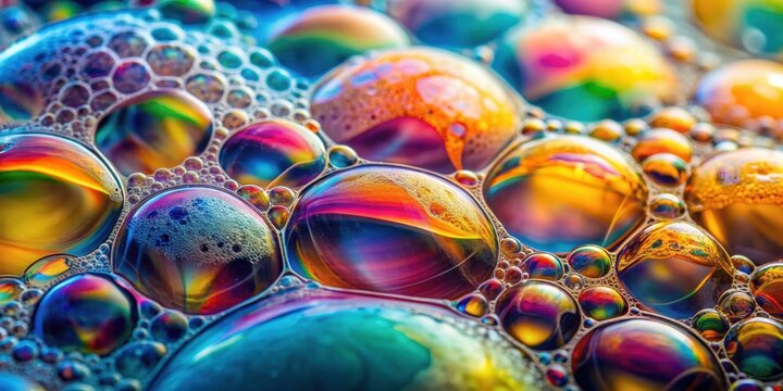 Close-up of colorful bubbles and foam created by sodium laureth sulfate, with a visually textured surface