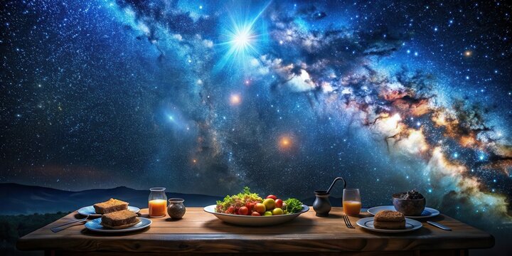 A mystical and serene image of a cosmic meal being enjoyed under the breathtaking night sky , stars, universe, celestial, dinner