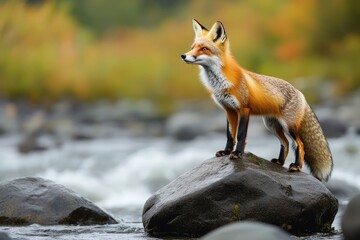 Red Fox Standing on a Rock in a River