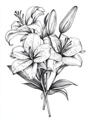 Black and white Vintage engraved art of a lily bouquet, isolated on white background, ink sketch illustration, simple vector art design, highly detailed line art, high contrasty