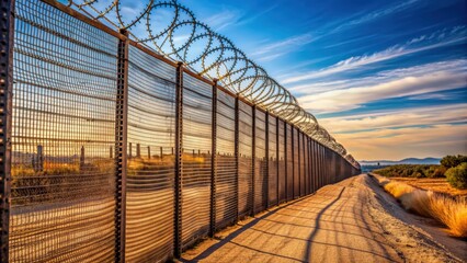 Fototapeta premium A photo of a barbed wire fence at the border , border, division, boundary, barrier, security, protection, wall