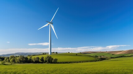 Photograph of a towering wind turbine standing amidst a lush green field