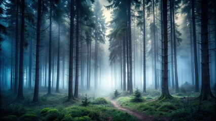 Obraz premium Dark, moody forest with fog rolling in , eerie, spooky, mysterious, atmospheric, creepy, misty, gloomy, shadowy, woods