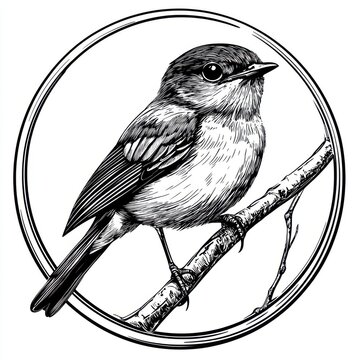 recommend clip art: Black and white Vintage engraved art of a nightingale in a circular stamp logo style, isolated on white background, ink sketch illustration, simple vector art design, highly detailed line art, 