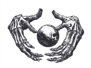 Black and white Vintage engraved art of a pair of skeleton hands holding a crystal ball, isolated on white background, ink sketch illustration, simple vector art design, highly detailed line art